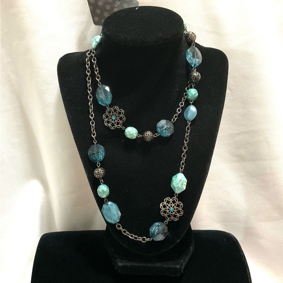 Jewelry - Blue Beaded Necklace on Black Chain